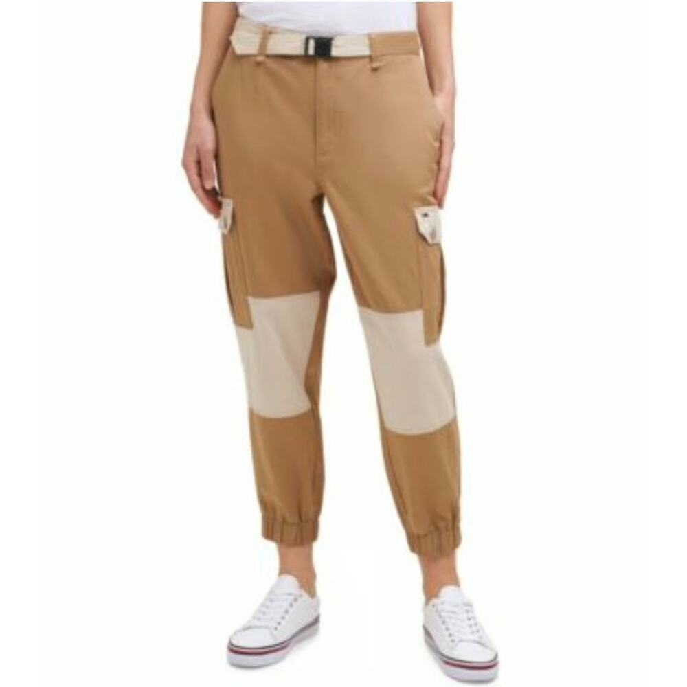 Tommy Hilfiger Tan Two Tone Cargo Pants Women's 32 High Rise Jogger Color Block